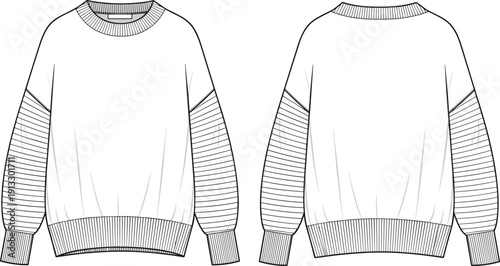 Women's drop shoulder oversized sweatshirt with pleated sleeves fashion technical sketch, front and back view cad drawing flat vector illustration