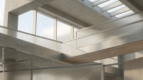 Modern minimalist office interior with natural light and concrete architecture