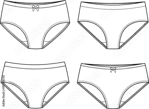 Women's cotton brief underwear fashion technical sketch set, front view cad drawing flat vector illustration for apparel design tech pack