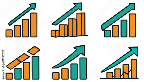 Five different graphical representations of growth and progress trends using bar charts