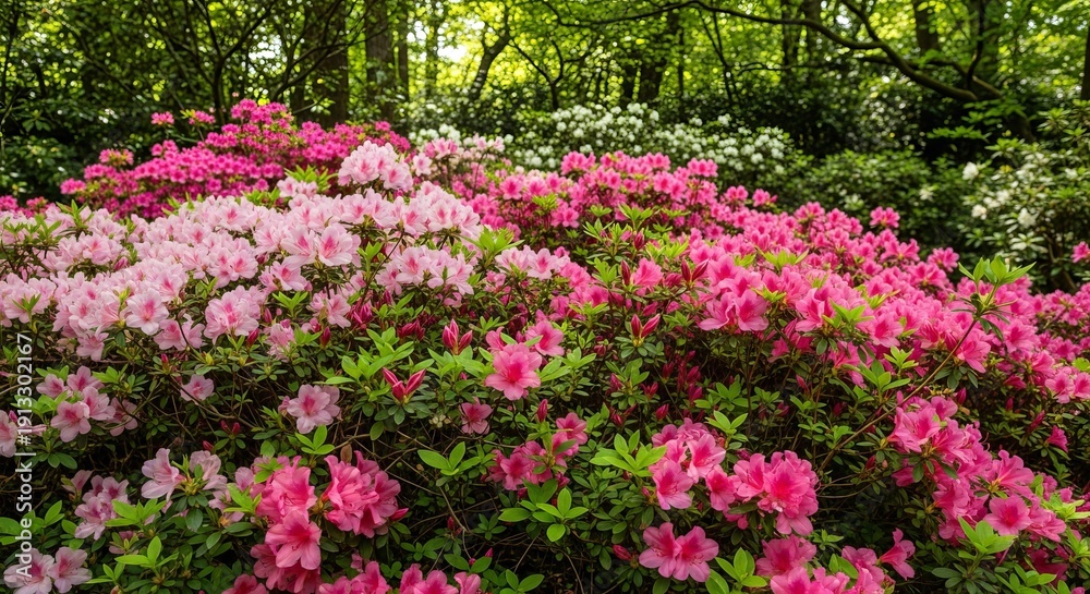 Obraz premium Vibrant pink and white azalea bushes bloom profusely in a lush green forest setting.