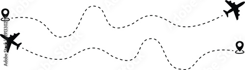 Icon Set Airplane dotted route line the way airplane. Flying with a dashed line from the starting point and along the path.