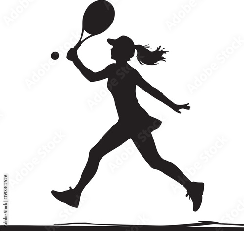Female Tennis Player Hitting Ball – Black and White Silhouette Vector Illustration