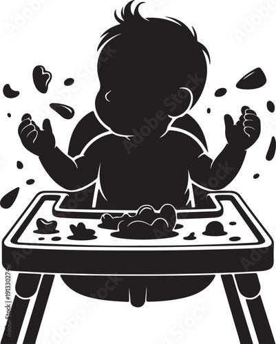 Baby Making Mess While Eating in High Chair – Black and White Silhouette Vector Illustration