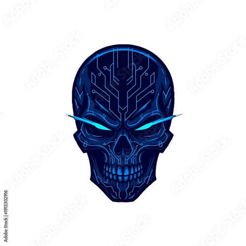 Futuristic Blue Cyber Skull, Glowing Eyes Digital Circuit, Isolated White Background