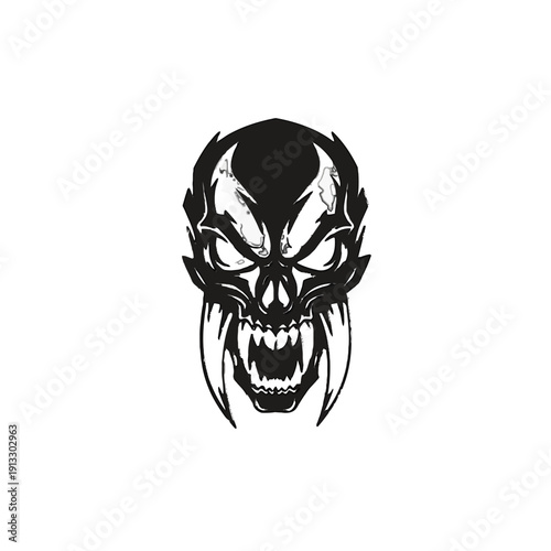 Menacing Tribal Skull Face with Large Fangs in Black and White on Isolated White Background
