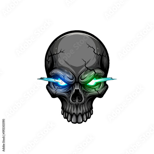 Dark Human Skull with Glowing Blue and Green Laser Eyes, Cracked Texture, Futuristic Concept on an Isolated White Background