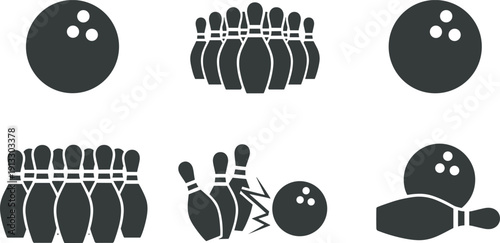 Bowling icons collection, bowling ball pins set, alley sport symbols, strike game illustration, isolated vector design pack