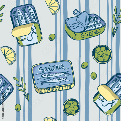 Sardines in a can, fish, seafood, vector illustration, seamless pattern