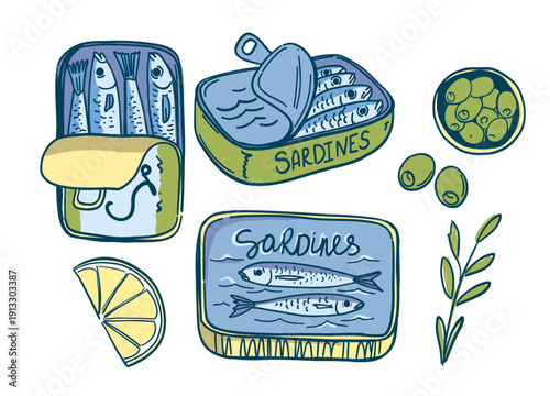 Sardines in a can, fish, seafood, vector illustration set, hand drawn sketch