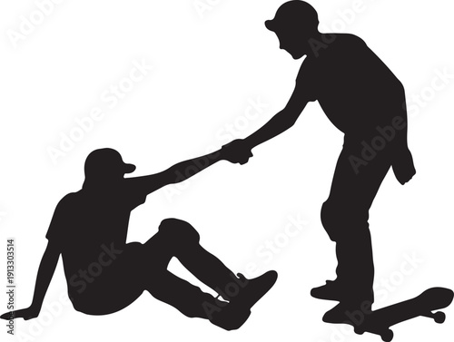 Skateboarder Helping Friend Up – Black and White Silhouette Vector Illustration