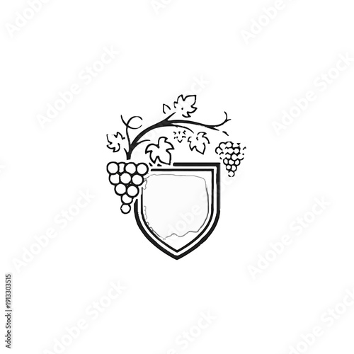 Stylized Grapes and Vine Design on a Blank Shield Emblem, Vineyard Winery Logo on Isolated White Background