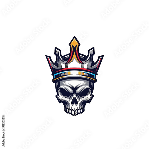 Detailed Skull Wearing a Royal Crown with Gold and Red Accents, Esport Logo on Isolated White Background