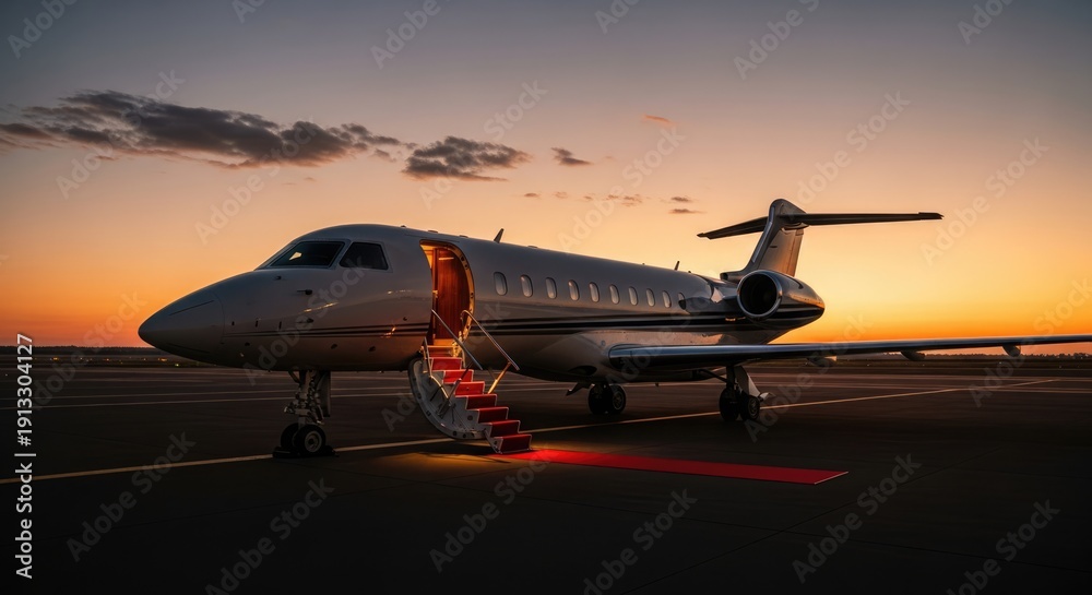 Obraz premium Private luxury jet parked on tarmac with red carpet stairs at golden hour sunset, symbolizing VIP travel and high-end business aviation.
