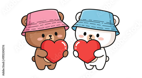 Two cartoon bears wearing hats holding red hearts representing kawai love in a vector illustration