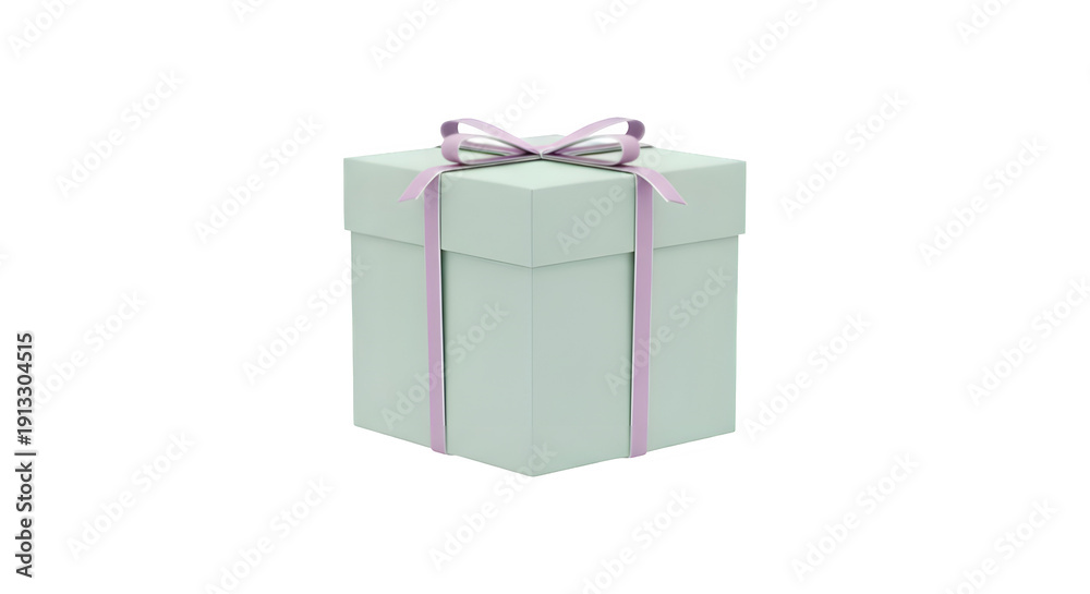 Obraz premium Light mint green gift box with pink ribbon and bow isolated on transparent background