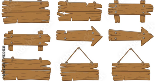 wooden signboard illustration set with rustic boards, hanging signs, and direction arrows for farm, nature, game ui, and vintage themed navigation design elements.