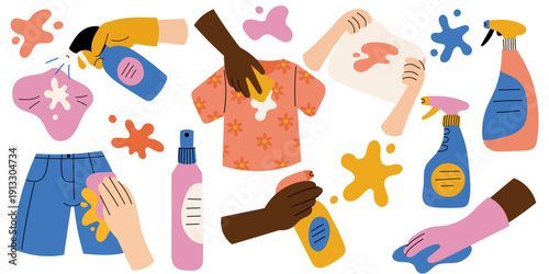 Stain Removal Laundry Set Flat Illustration. Cleaning Clothes Process. Detergent and Washing Tools Collection.Laundry routine and household cleaning concept.