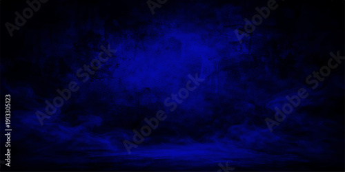 Abstract dark blue night sky background featuring motion textures of storm clouds, smoke, and lightning flashes with a cosmic space design