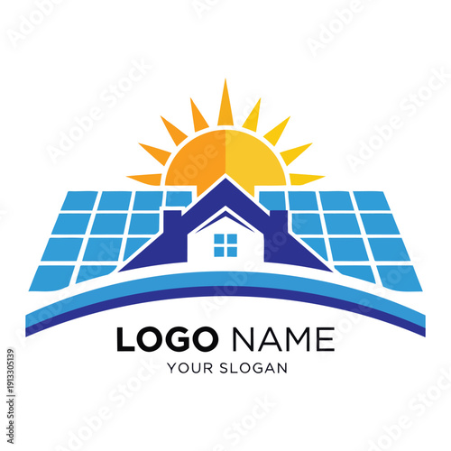 Modern logo design featuring a house with solar panels under a bright sun