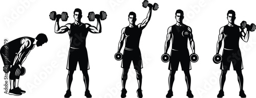 Dumbbell workout silhouettes set, fitness training exercises vector illustration, bodybuilding strength workout poses, gym athlete lifting weights isolated