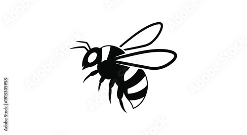 Black and white bee insect flying isolated on white background, simple illustration for nature, wildlife, or environmental concepts