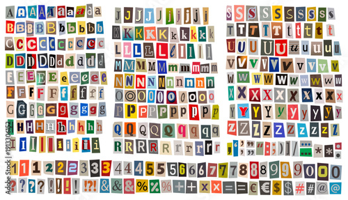 Collage of cut-out letters, numbers, and symbols on white.