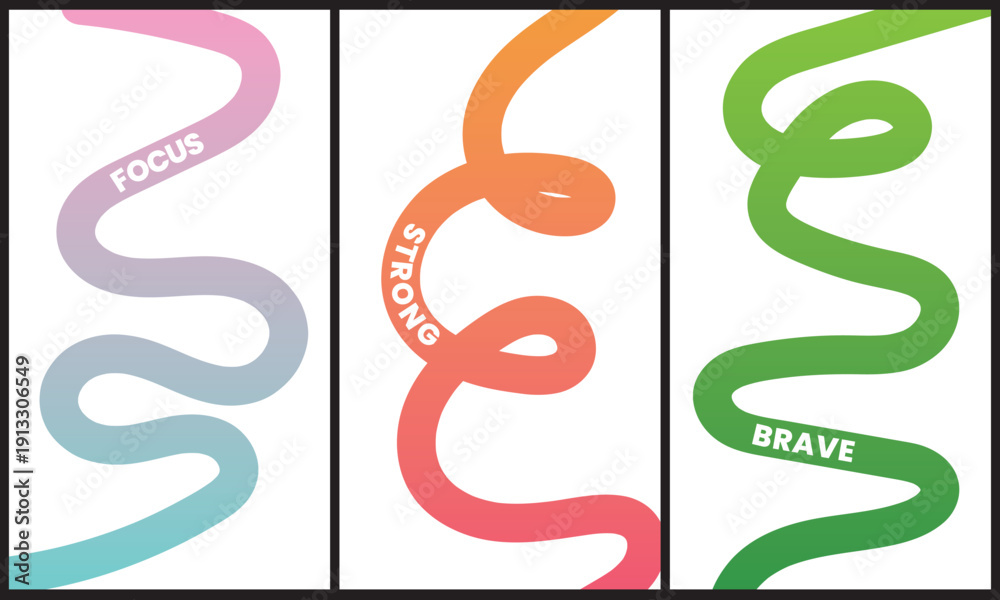Obraz premium Vibrant abstract triptych featuring undulating gradient ribbons with positive text: Focus, Strong, and Brave, symbolizing personal growth and empowerment.