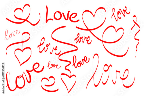 Love handwritten text and hearts doodle set