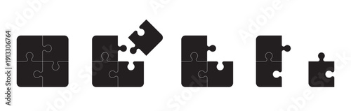 Black puzzle icons showing solving process and completion concept isolated on white background