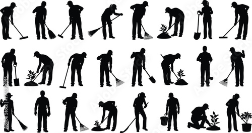 Gardener silhouettes collection, landscaping workers, planting watering raking digging activities, horticulture maintenance set, garden care profession illustration bundle