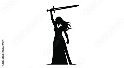 Strong woman warrior holding sword up in powerful stance with long hair flowing, black silhouette on white background for empowerment concept