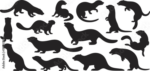 Black silhouette collection of weasels ferrets minks and otters in various active poses and standing positions isolated on a white background for vector design