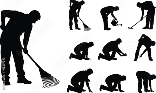 Gardening worker silhouettes set, planting watering raking tasks, landscaping maintenance activities, outdoor yard work illustration, isolated labor collection