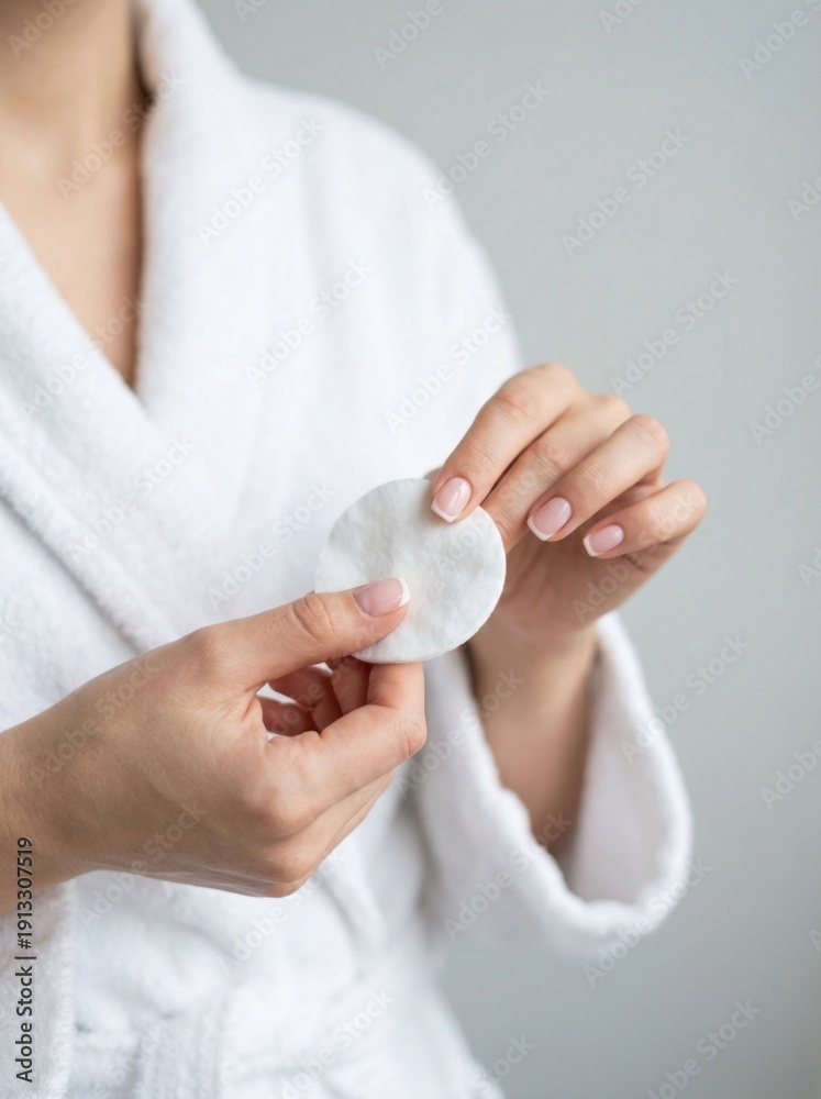 Naklejka premium Woman in white bathrobe holding a cotton pad for skincare routine