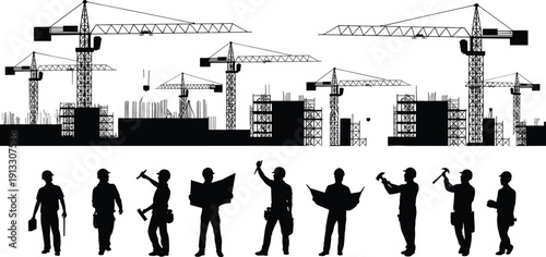 Construction Site Silhouette Set Featuring Multiple Tower Cranes Building Scaffolding and Professional Workers with Tools and Blueprints Isolated on White Background for Vector Graphic 
