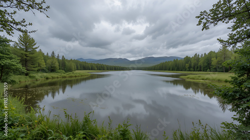 A serene landscape with a reflective lake, lush greenery, and a cloudy sky framed by trees. Hudson Bay, Churchill, Manitoba, Canada