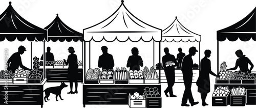 Outdoor Farmers Market Silhouette Set Featuring Vendors Selling Fresh Vegetables Under Canopies and People Shopping at Local Street Fair Isolated on White Background for Vector Design