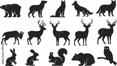 Wild Forest Animal Silhouettes Set Featuring Bear Deer Wolf Rabbit Squirrel and Owl in Standing Poses Isolated on White Background for Vector Graphic Design