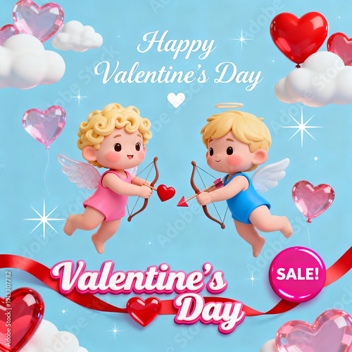 Valentine’s Day Greeting With Cupids And Hearts


