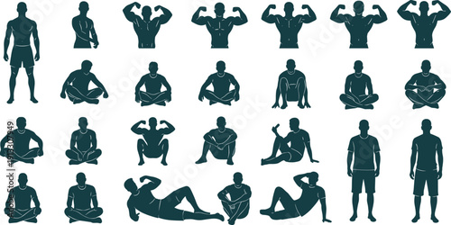 Human body silhouettes collection, male fitness poses set, yoga meditation exercises, muscular anatomy illustration, isolated vector design pack