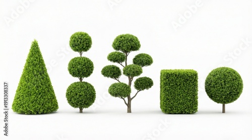 Various sculpted green bushes and trees in different geometric shapes on a white background