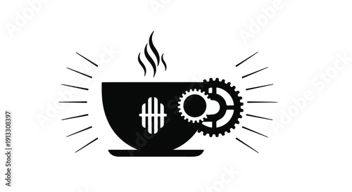 Coffee cup with gear and sound wave symbol, steaming hot, modern technology and communication concept, black and white illustration