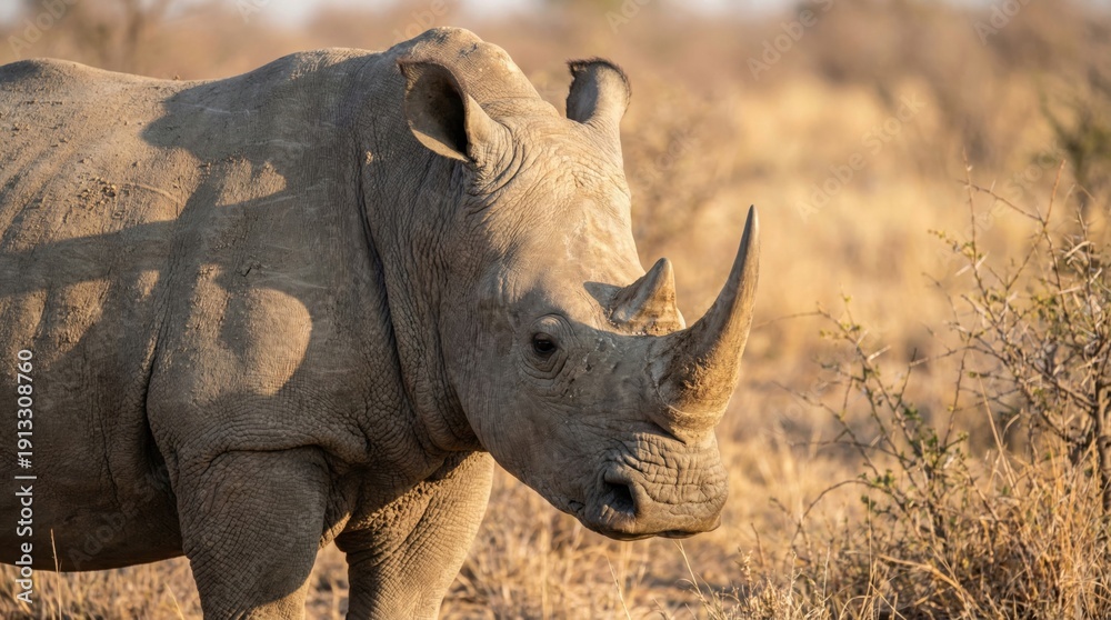 Fototapeta premium Close-up portrait of a majestic white rhinoceros in its natural savanna habitat