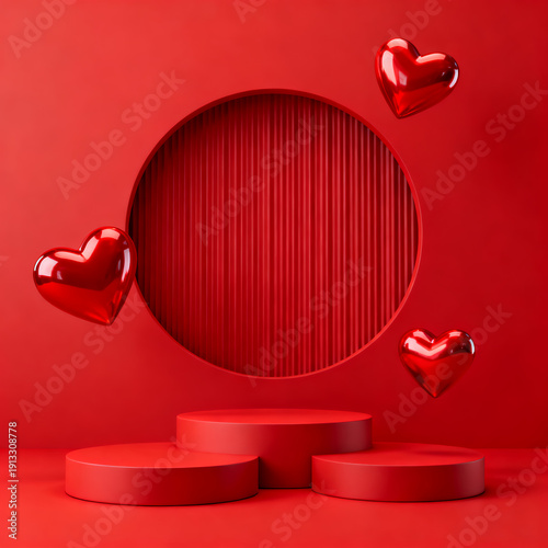Red Romantic Display Stage With Floating Hearts

