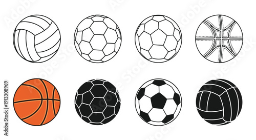 The assortment of sports balls features volleyball, soccer,.