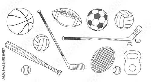 A collection of line art sports equipment provides many.