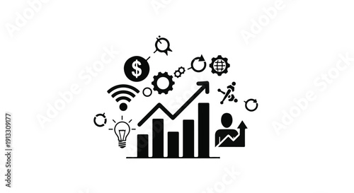 Business growth finance concept with bar graph and icons, successful entrepreneur strategy with increasing profits and innovation