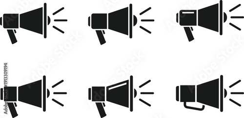 Black megaphone silhouettes set featuring various loudspeaker icons for public announcements marketing communication and social media broadcasting isolated on white background