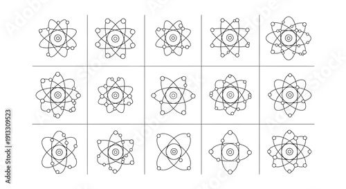Multiple abstract atomic structure icons displayed in a grid.